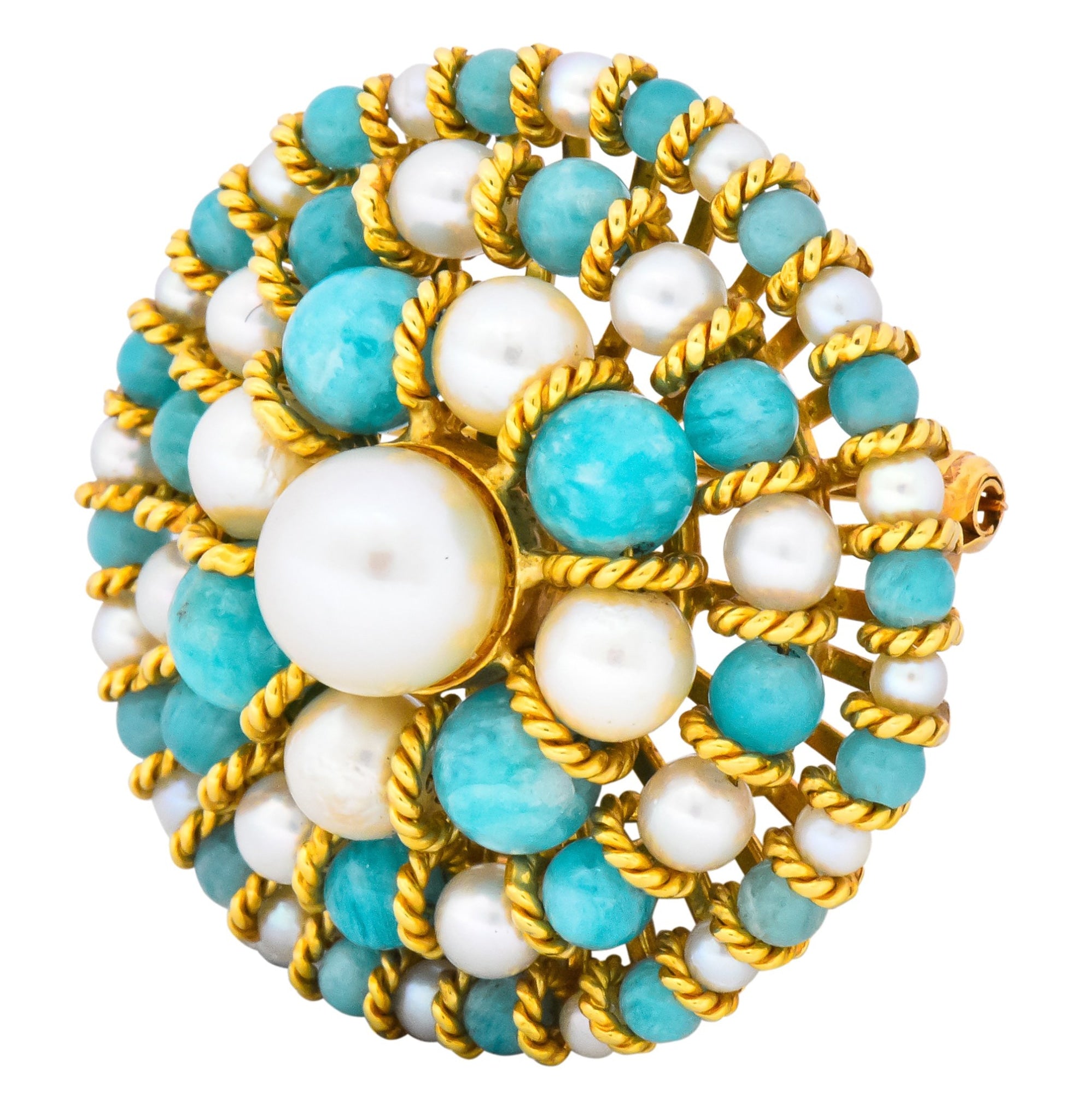 Tiffany & Co. Italy Retro Cultured Pearl Amazonite 18 Karat Gold Brooch - Wilson's Estate Jewelry