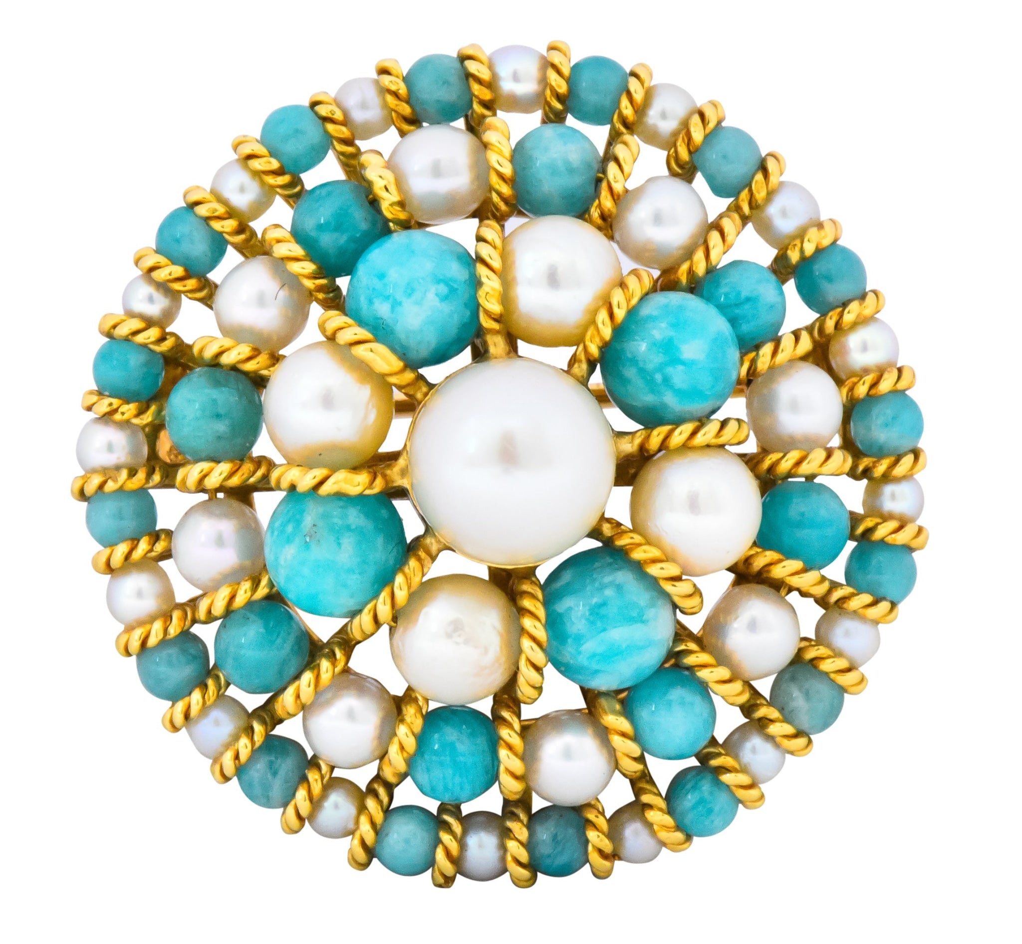 Tiffany & Co. Italy Retro Cultured Pearl Amazonite 18 Karat Gold Brooch - Wilson's Estate Jewelry