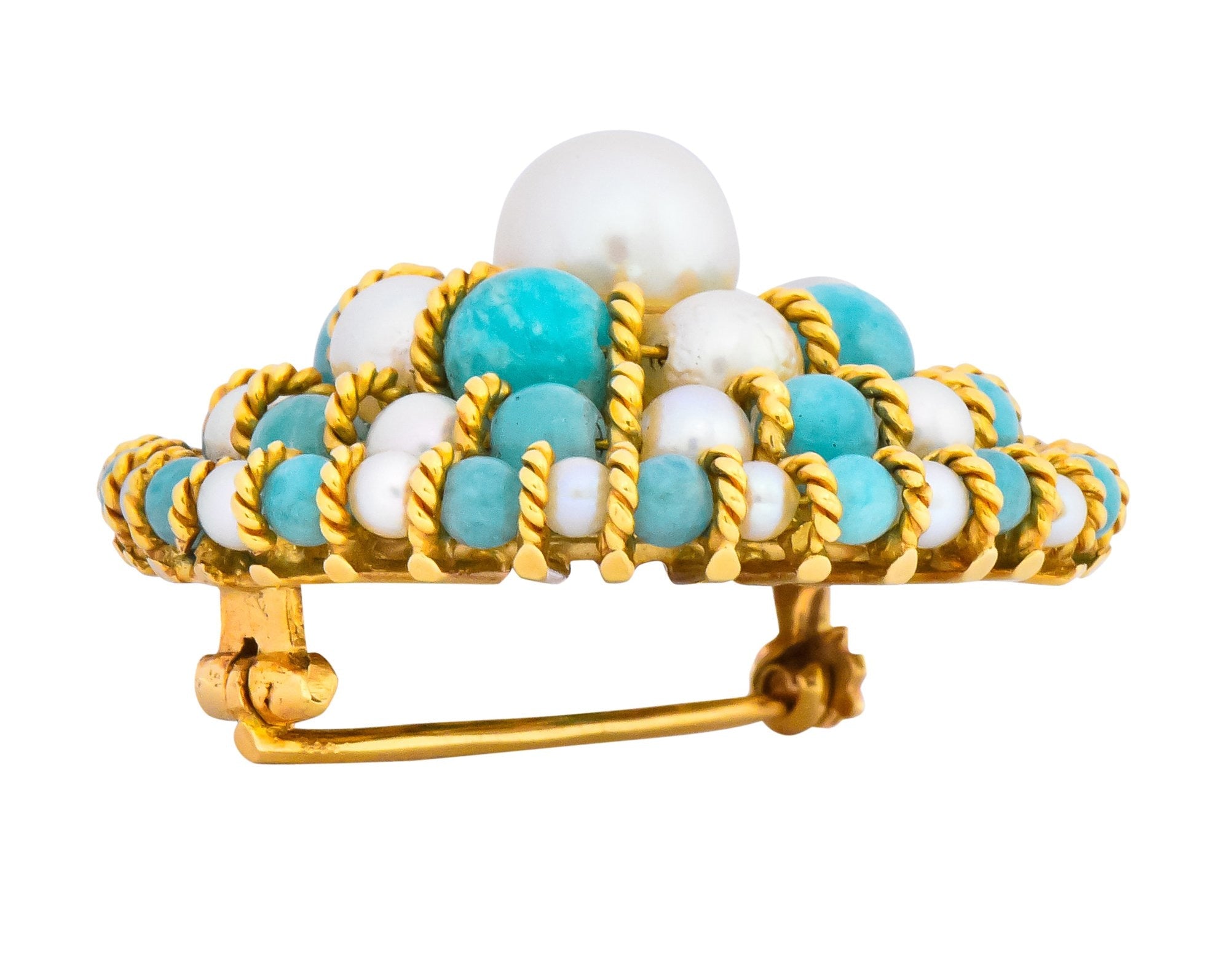 Tiffany & Co. Italy Retro Cultured Pearl Amazonite 18 Karat Gold Brooch - Wilson's Estate Jewelry