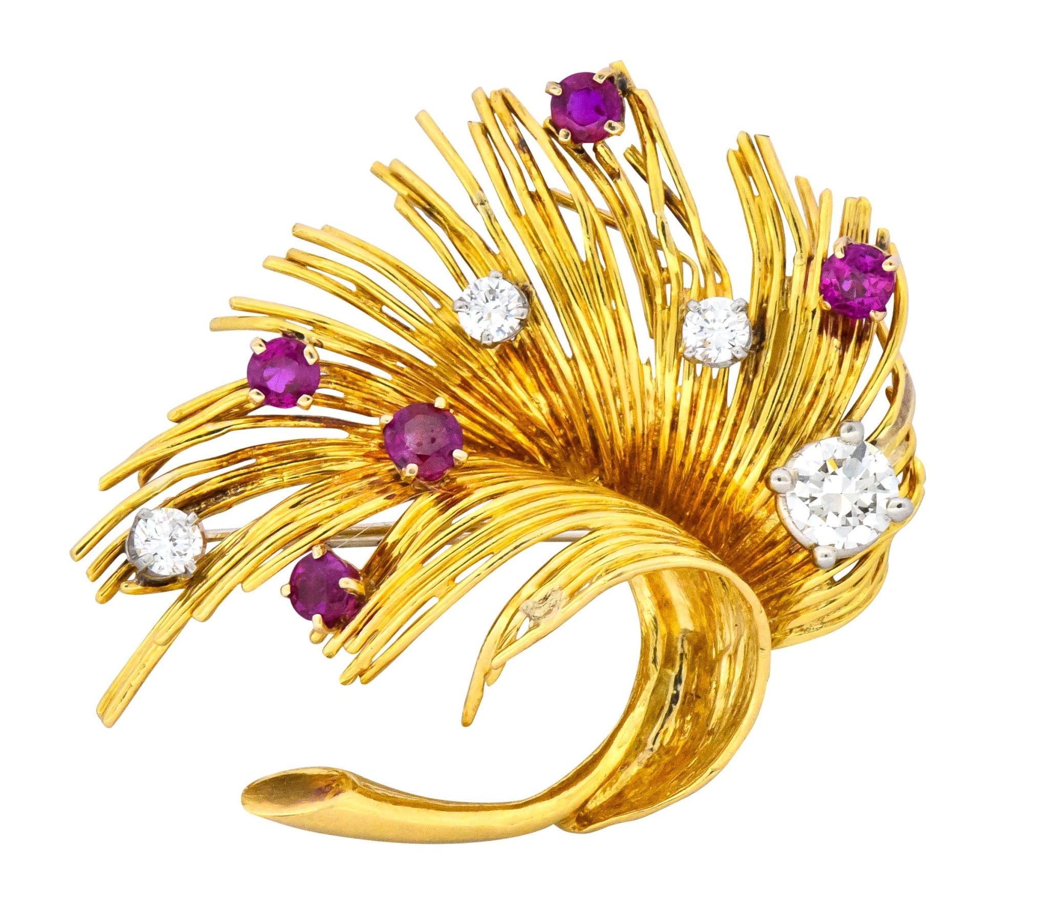 Tiffany & Co. Retro 1.70 CTW Diamond Ruby 18 Karat Gold Spray Brooch - Wilson's Estate Jewelry