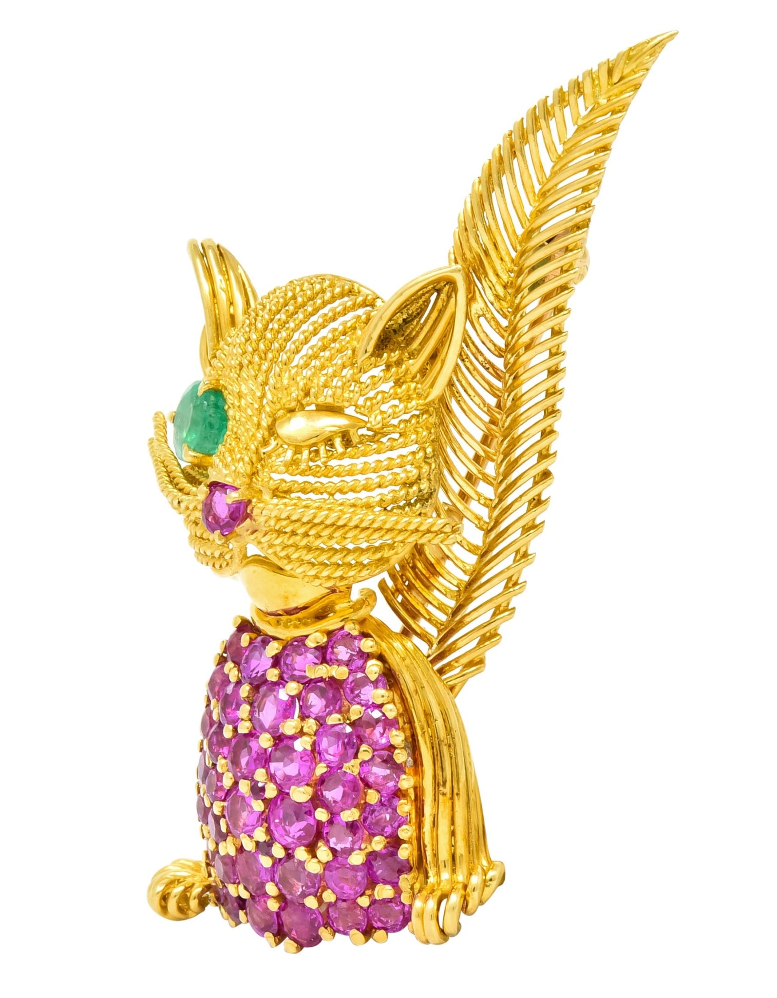 Tiffany & Co. Retro 5.45 CTW Ruby Emerald 18 Karat Yellow Gold Winking Cat Brooch - Wilson's Estate Jewelry