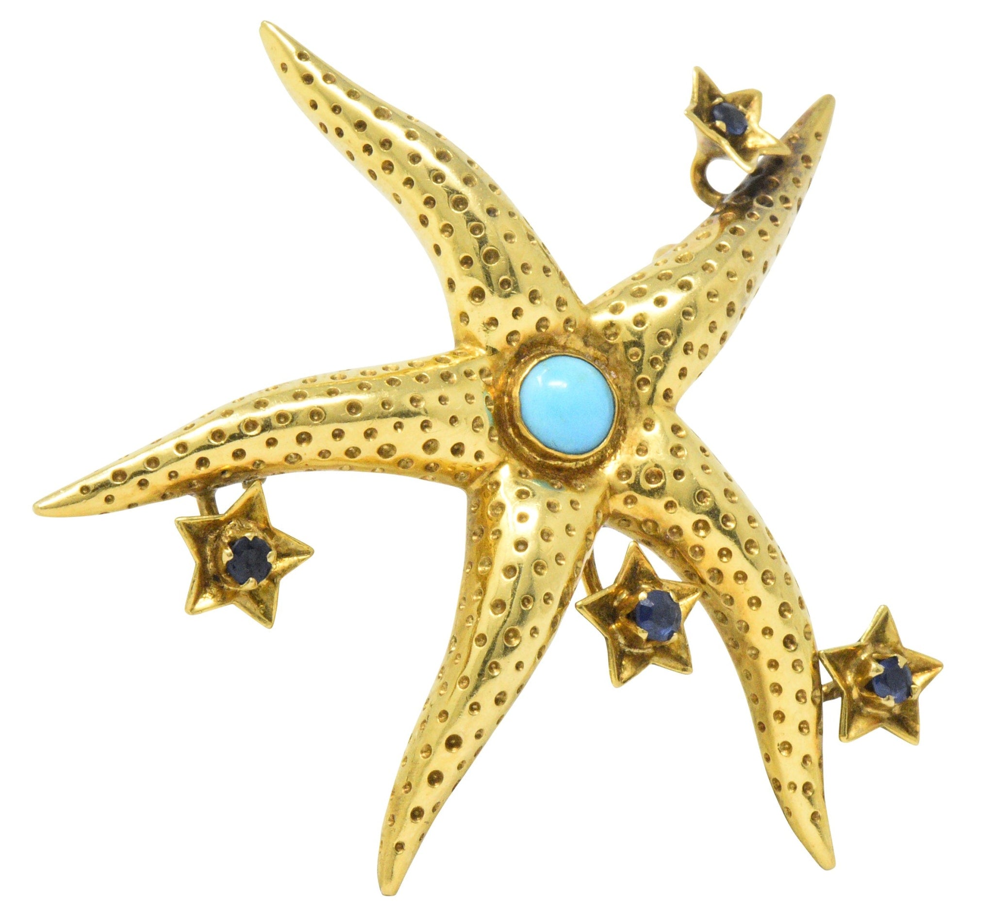 Tiffany & Co. Retro Sapphire Turquoise 18 Karat Gold Starfish Brooch Wilson's Estate Jewelry