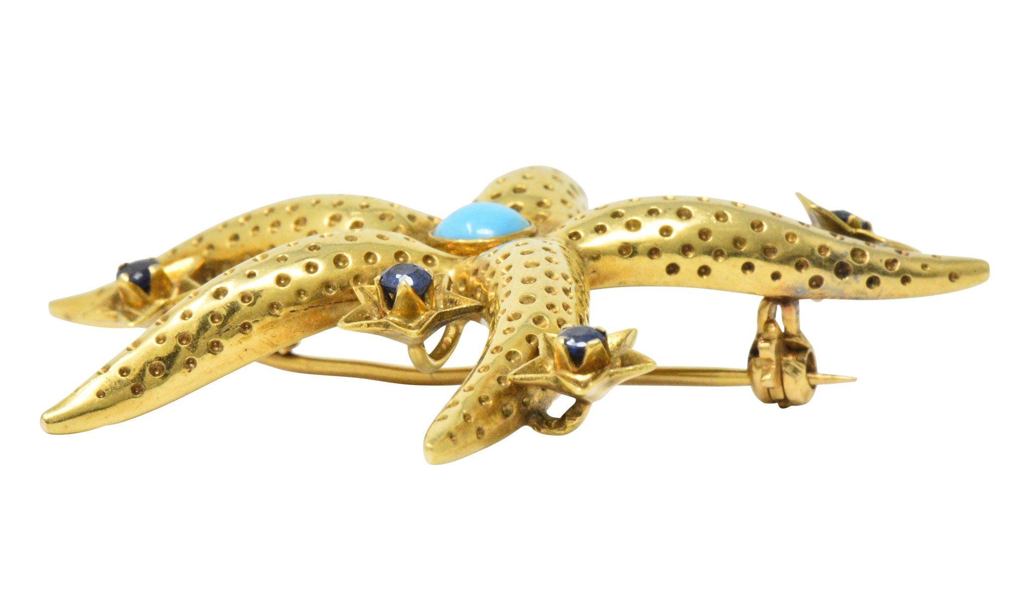 Tiffany & Co. Retro Sapphire Turquoise 18 Karat Gold Starfish Brooch Wilson's Estate Jewelry