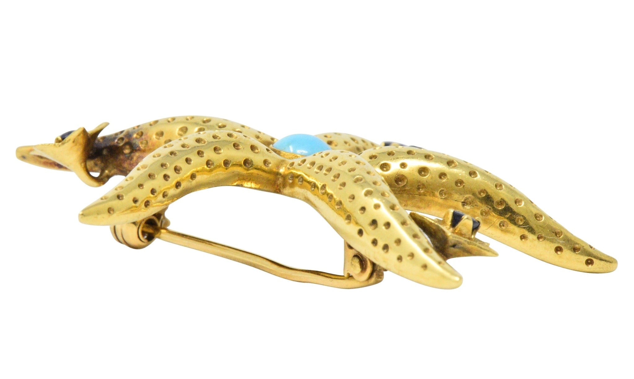 Tiffany & Co. Retro Sapphire Turquoise 18 Karat Gold Starfish Brooch Wilson's Estate Jewelry