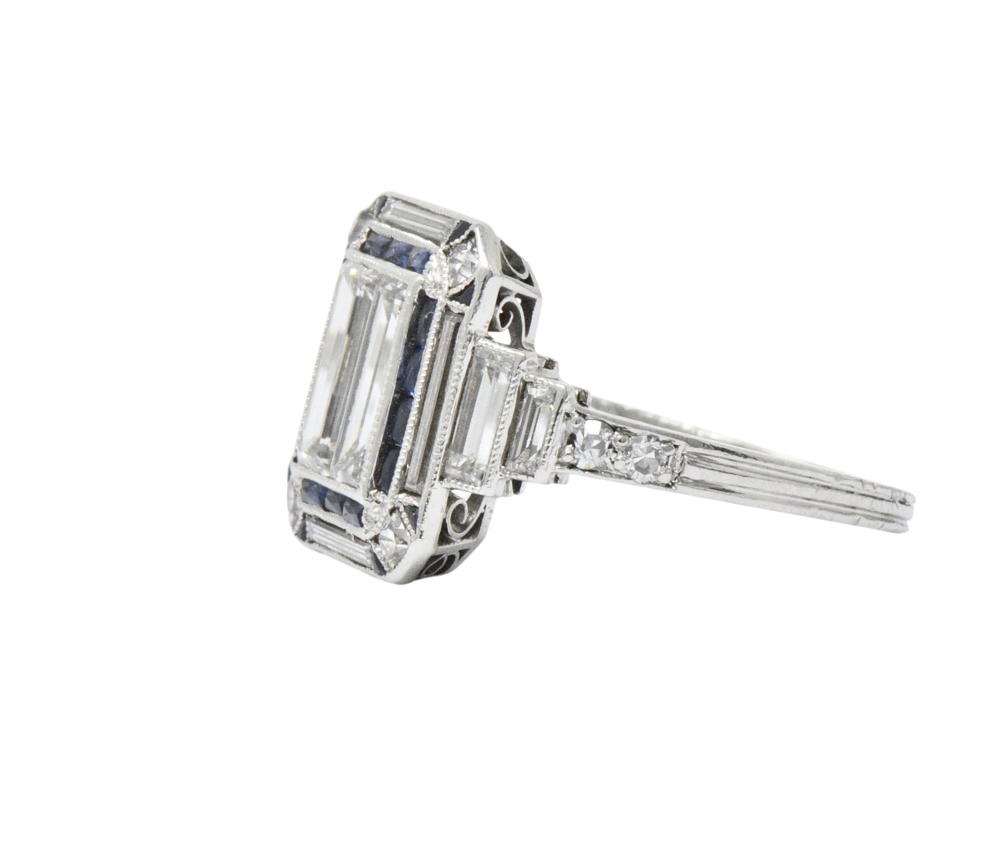 Unique Art Deco 2.90 CTW Diamond Sapphire Platinum Engagement Ring Wilson's Estate Jewelry