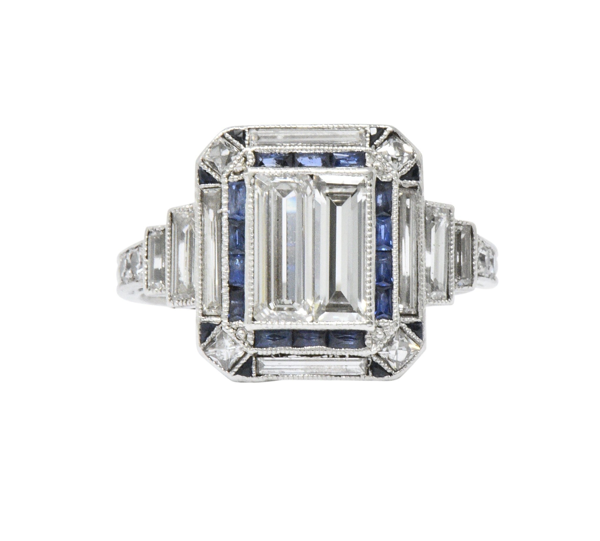 Unique Art Deco 2.90 CTW Diamond Sapphire Platinum Engagement Ring Wilson's Estate Jewelry