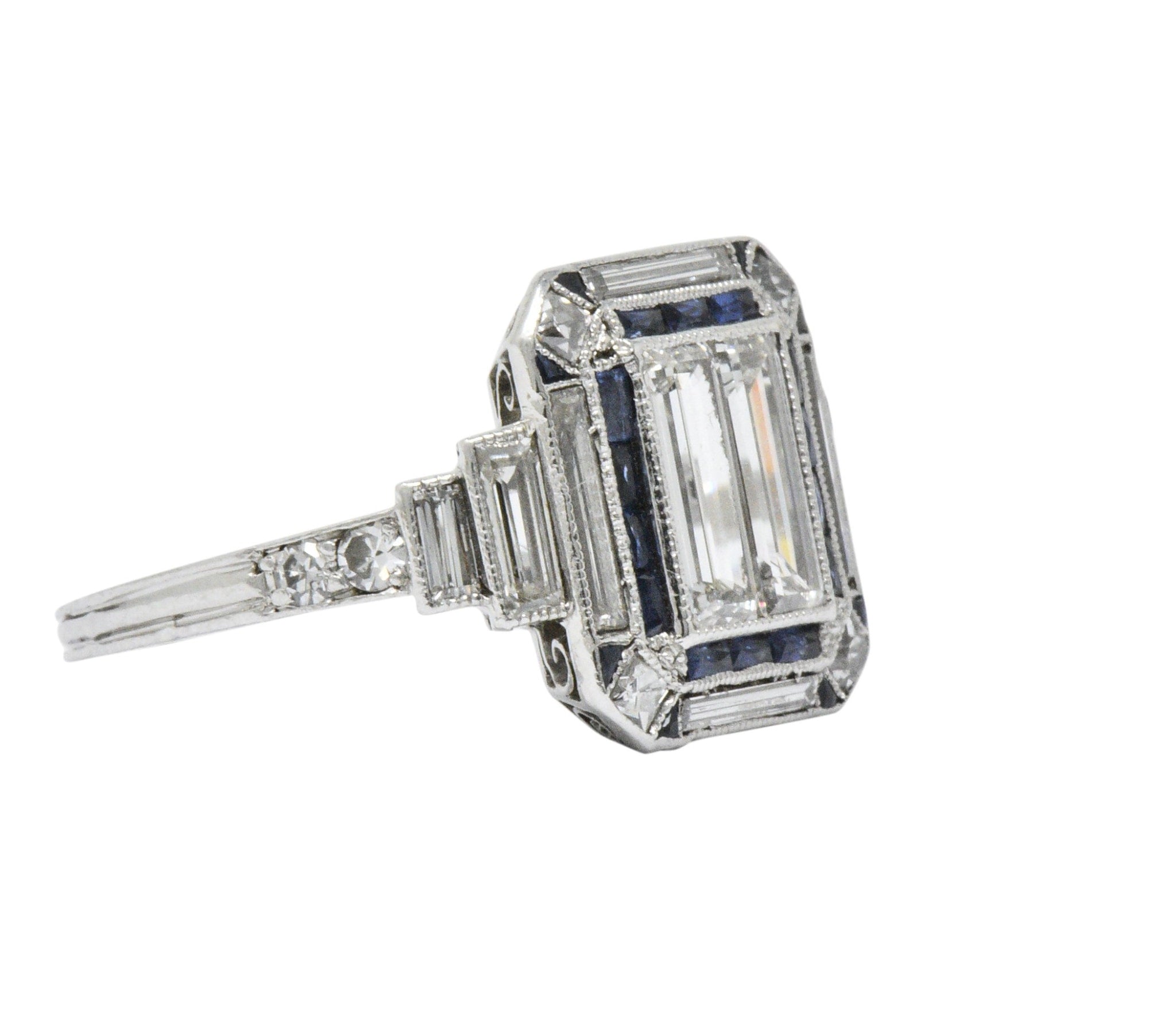 Unique Art Deco 2.90 CTW Diamond Sapphire Platinum Engagement Ring Wilson's Estate Jewelry