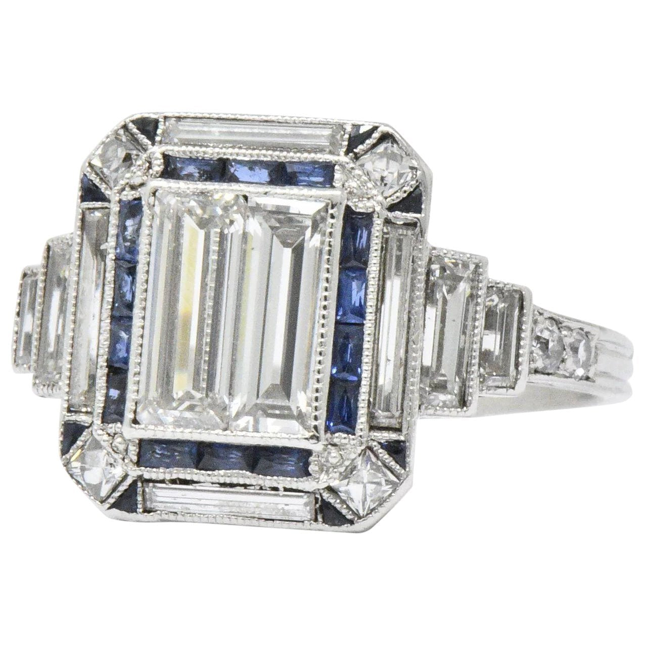 Unique Art Deco 2.90 CTW Diamond Sapphire Platinum Engagement Ring Wilson's Estate Jewelry