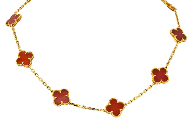 Van Cleef & Arpels Carnelian 18 Karat Yellow Gold Vintage Alhambra Necklace