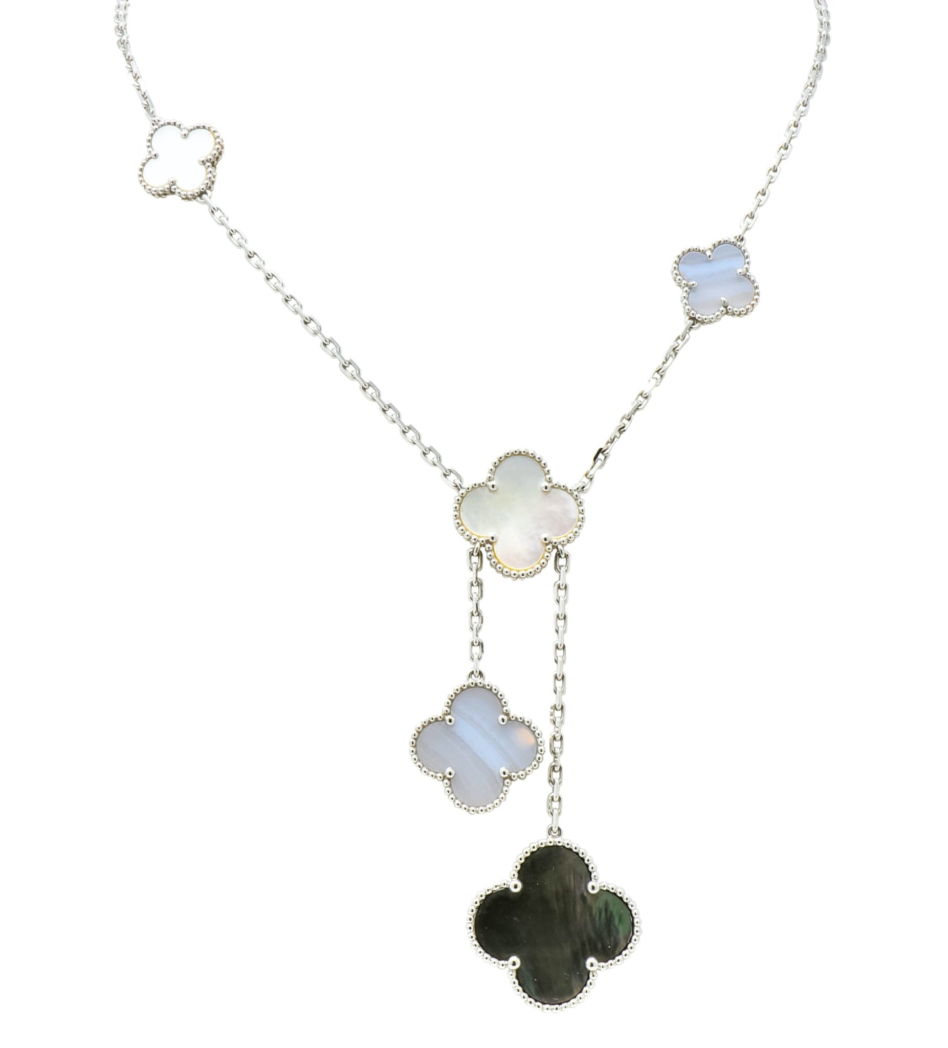 Van Cleef & Arpels Mother of Pearl 18 Karat White Gold 6 Motif Alhambra Magic Necklace - Wilson's Estate Jewelry