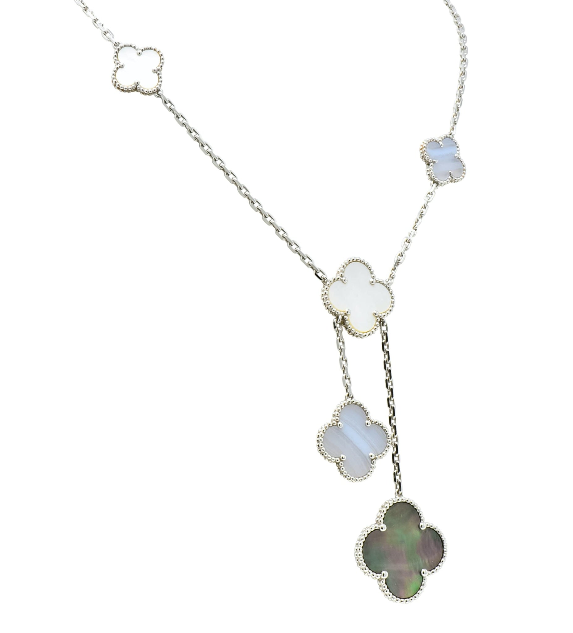 Van Cleef & Arpels Mother of Pearl 18 Karat White Gold 6 Motif Alhambra Magic Necklace - Wilson's Estate Jewelry