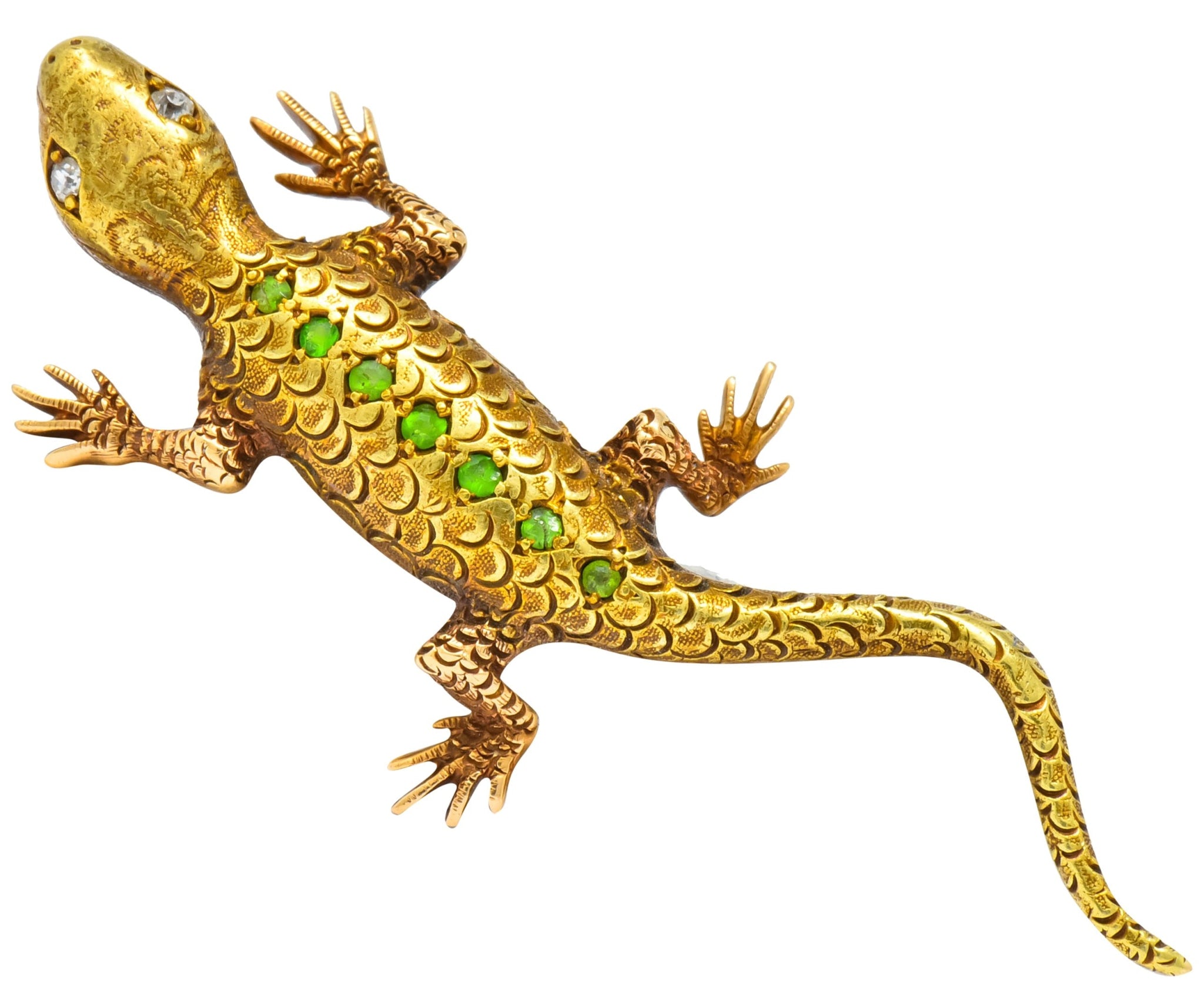 Victorian Demantoid Garnet Diamond 14 Karat Gold Lizard Brooch - Wilson's Estate Jewelry