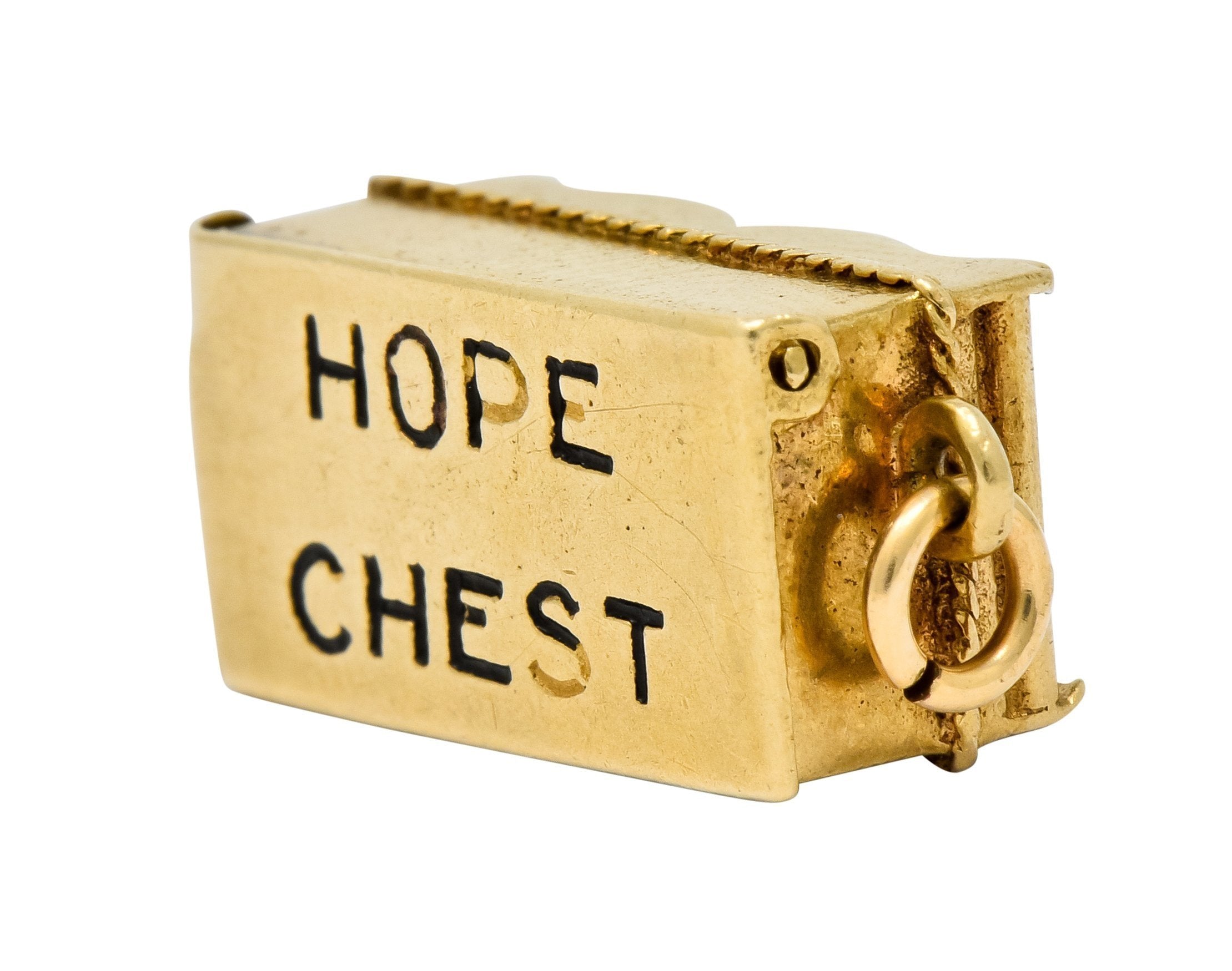 Victorian Enamel 14 Karat Gold Cheeky Figure In Hope Chest Charm - Wilson's Estate Jewelry