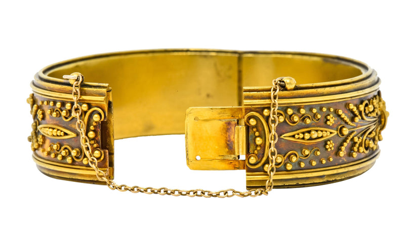 Victorian Etruscan Revival 14 Karat Gold Floral Bangle Bracelet Circa 1870 - Wilson's Estate Jewelry