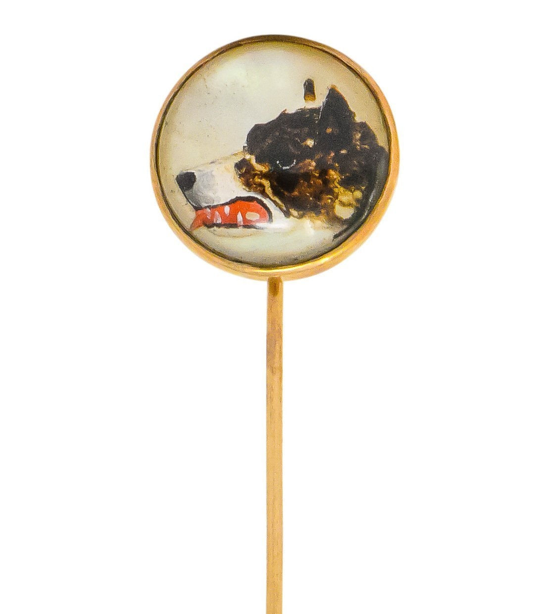 Victorian Mother of Pearl Painted Reverse Carved Rock Crystal 14 Karat Gold Dog Stickpin - Wilson's Estate Jewelry