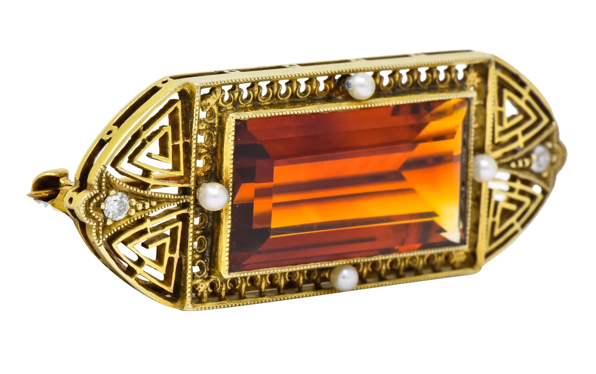 Walton & Co. Art Deco 10.46 CTW Citrine Pearl Diamond 14 Karat Gold Brooch - Wilson's Estate Jewelry