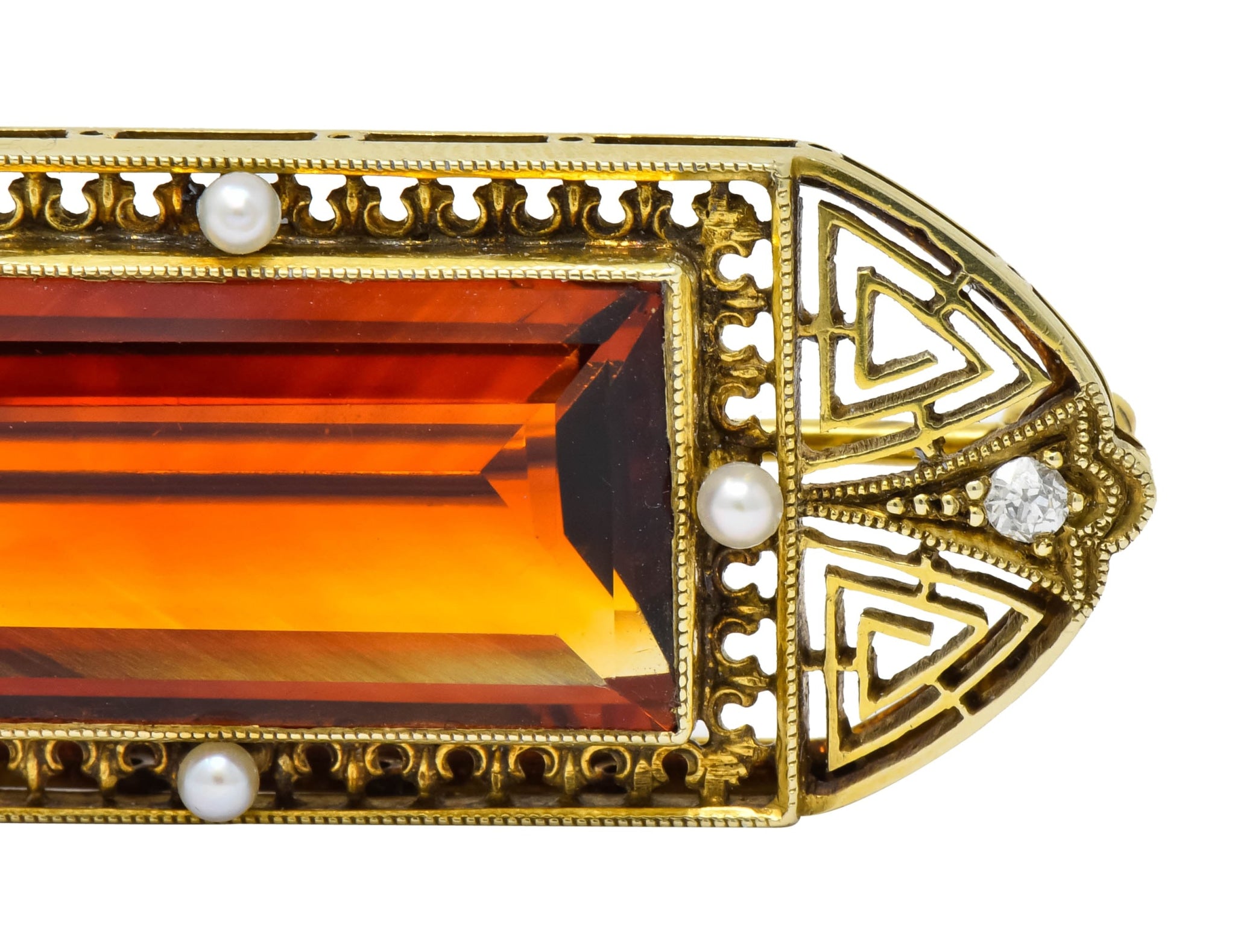 Walton & Co. Art Deco 10.46 CTW Citrine Pearl Diamond 14 Karat Gold Brooch - Wilson's Estate Jewelry