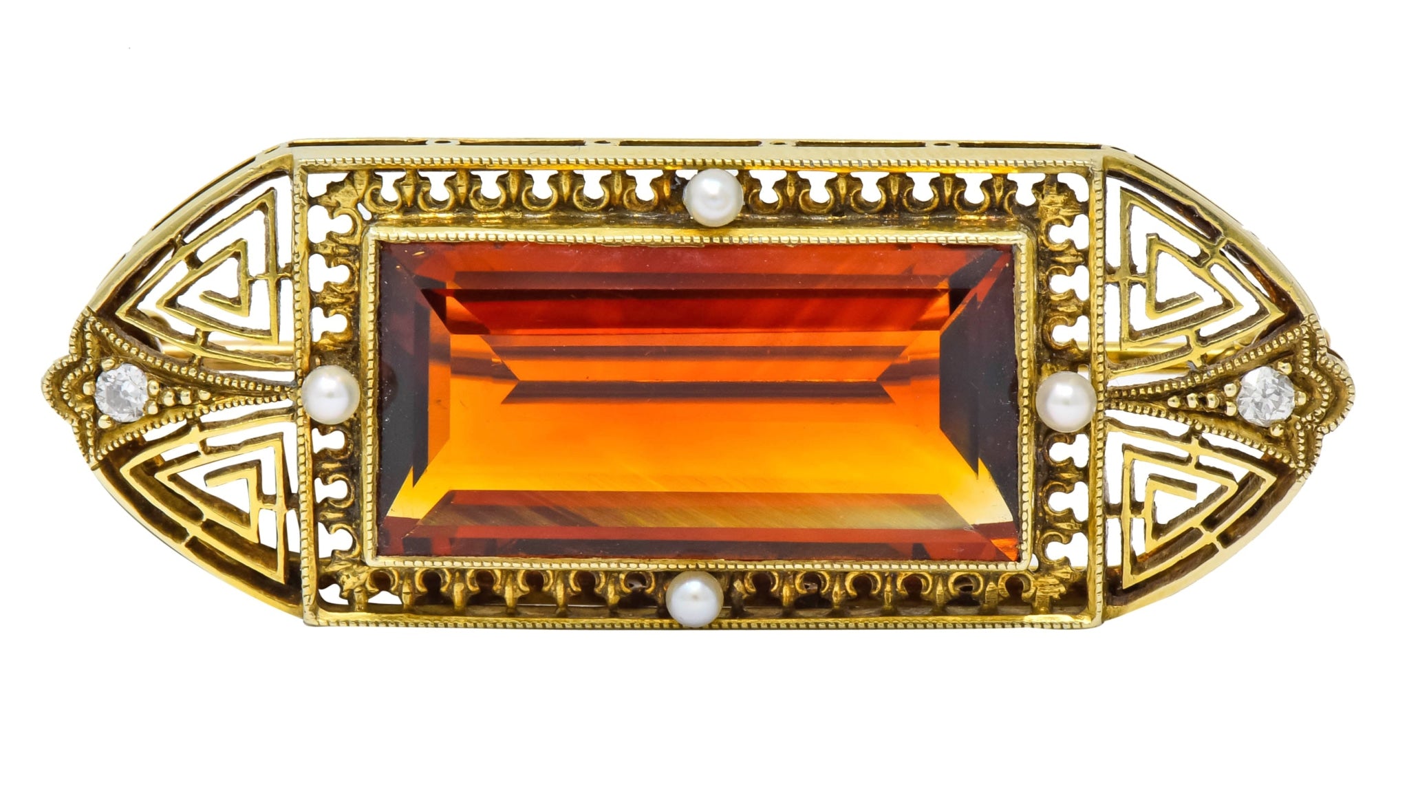 Walton & Co. Art Deco 10.46 CTW Citrine Pearl Diamond 14 Karat Gold Brooch - Wilson's Estate Jewelry