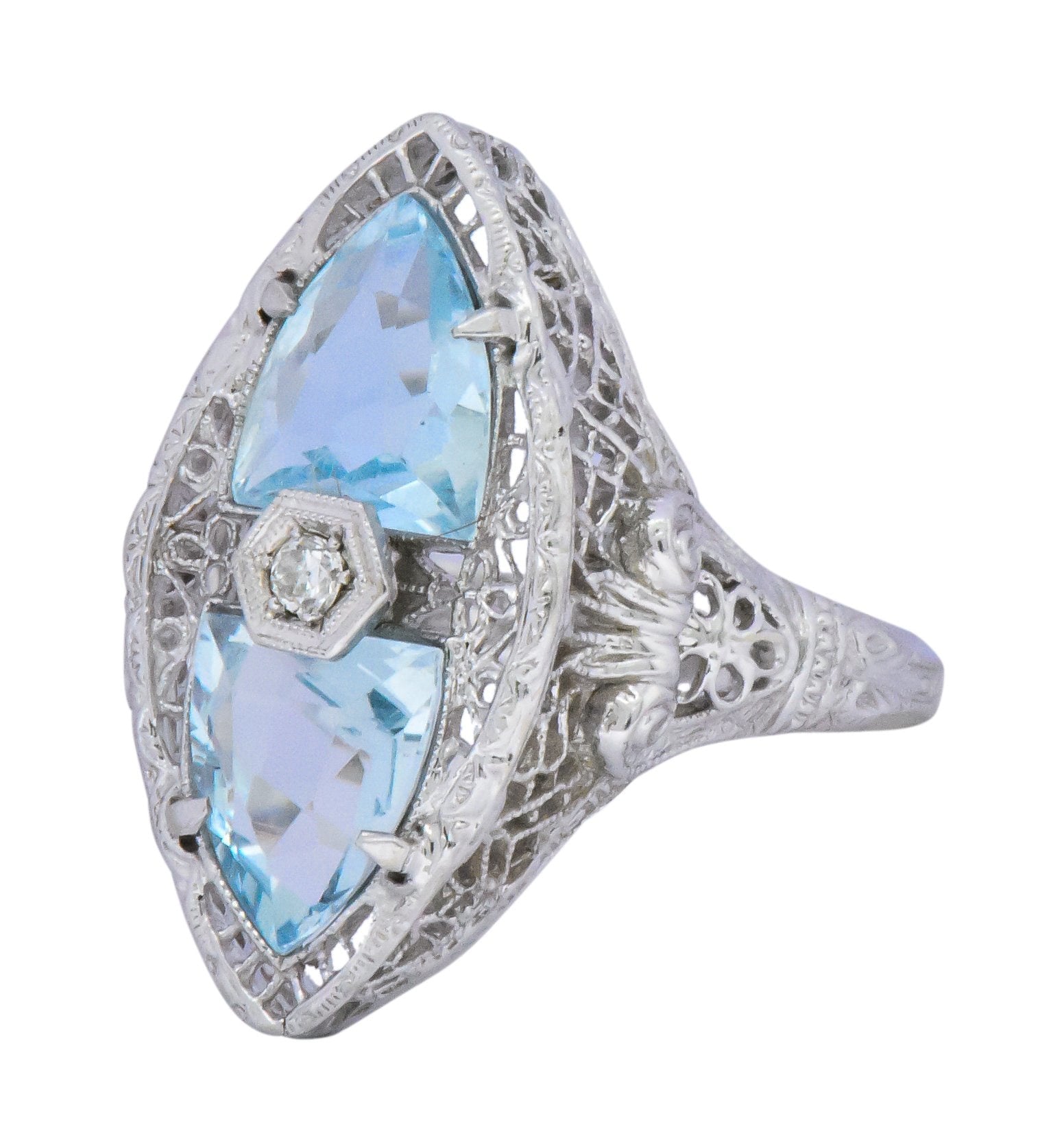 White & Co. Edwardian 4.05 CTW Aquamarine Diamond 14 Karat White Gold Ring Wilson's Estate Jewelry