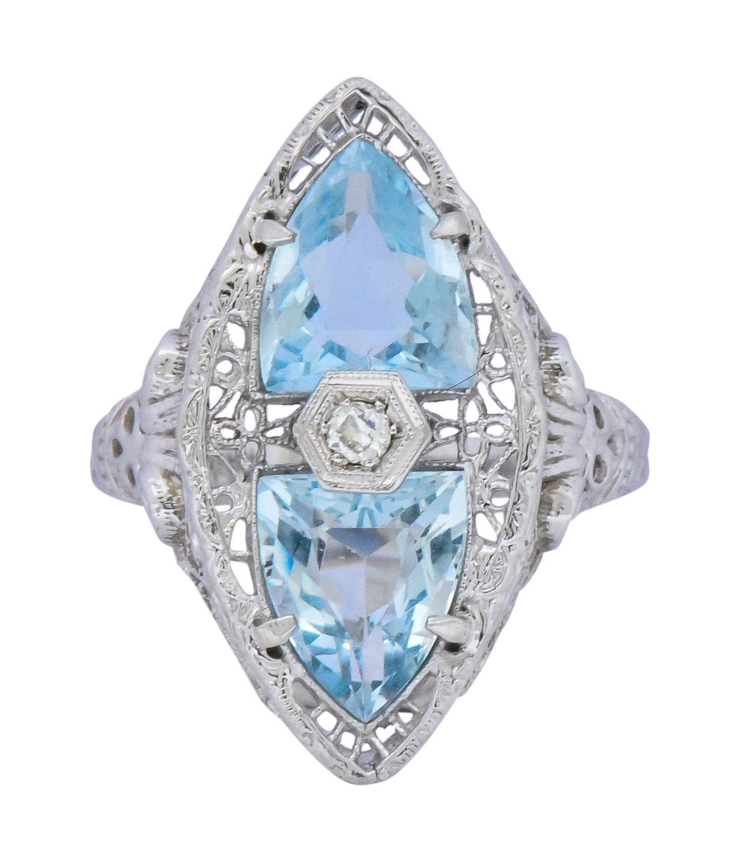 White & Co. Edwardian 4.05 CTW Aquamarine Diamond 14 Karat White Gold Ring Wilson's Estate Jewelry