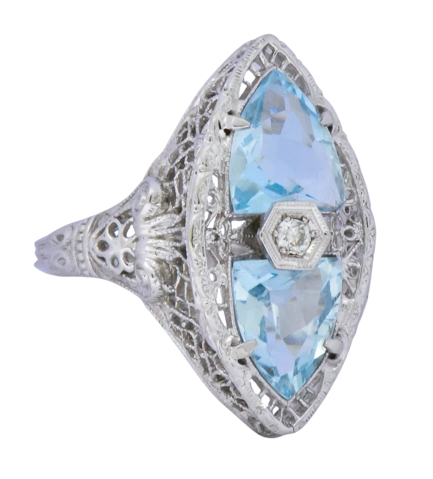 White & Co. Edwardian 4.05 CTW Aquamarine Diamond 14 Karat White Gold Ring Wilson's Estate Jewelry